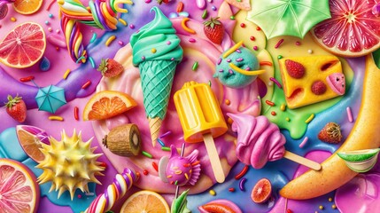 Obraz premium Colorful Summer Delights Featuring Ice Creams and Fresh Fruits