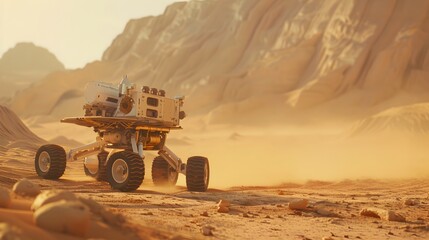 Obraz premium Space Exploration Robot: A robot exploring the surface of Mars, collecting samples and transmitting data back to Earth. 