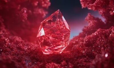 Obraz premium clear crystal surrounded by red, possibly coral-like, material, with a dark background.