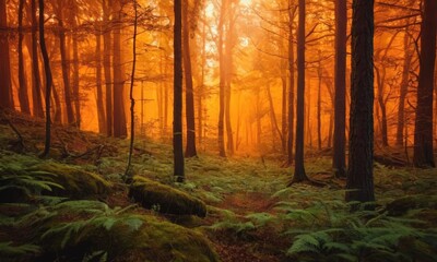 Obraz premium Forest with sunlight through the trees