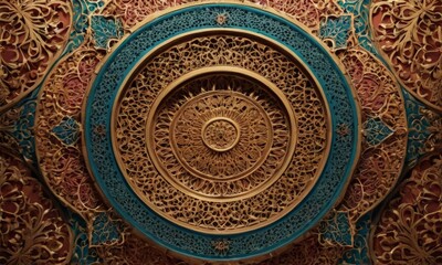 close-up of a decorative wall with a circular design featuring a gold and blue motif.