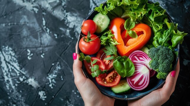 Nutritionist's hand holding a heart dish of fresh veggies, emphasizing the importance of nutrition
