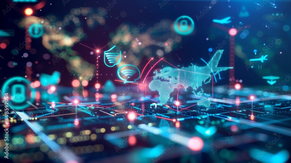 Poster abstract digital world map with glowing lines and icons, representing global connectivity and techno