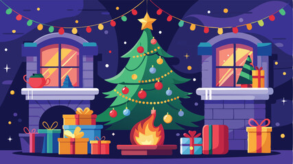 Stylishly decorated Christmas tree with fireplace interiors with a Christmas tree, lights and gifts under the tree.. Generative AI
