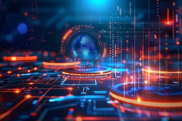 Fototapeta premium Abstract digital world with glowing circuit board and globe. Global network concept. Futuristic technology background.