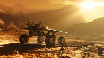 Fototapeta premium Space Exploration Robot: A robot exploring the surface of Mars, collecting samples and transmitting data back to Earth. 