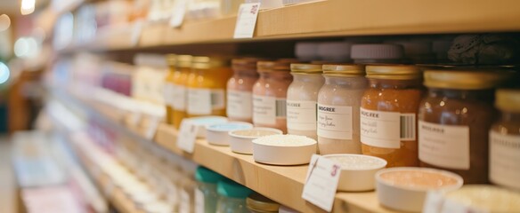 Fototapeta premium various type of organic cosmetic bottle on table with copy space and local shop bokeh background