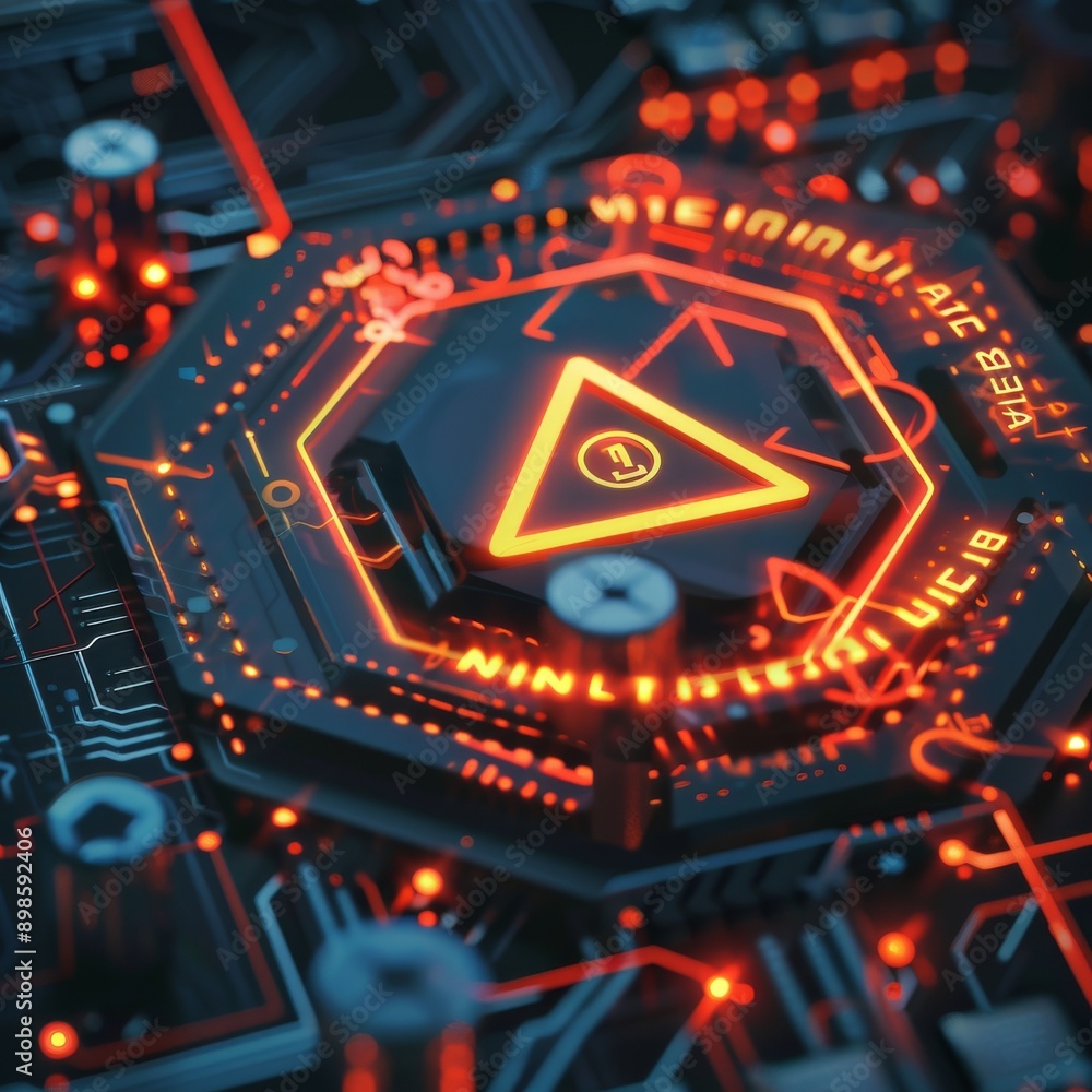 Poster abstract futuristic circuit board with glowing red triangle. digital technology concept.