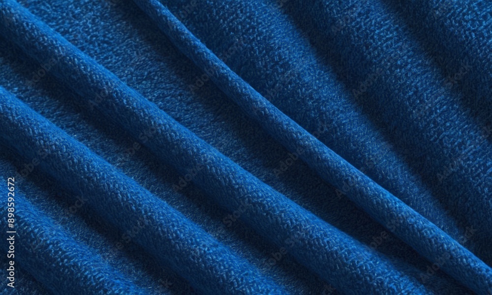 Poster close-up view of a blue fabric with a criss-cross pattern, which is folded and draped in a way that 
