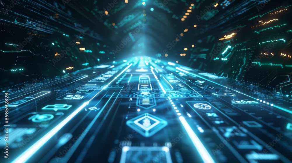 Poster abstract futuristic digital tunnel with glowing blue lines and symbols, representing data flow and t