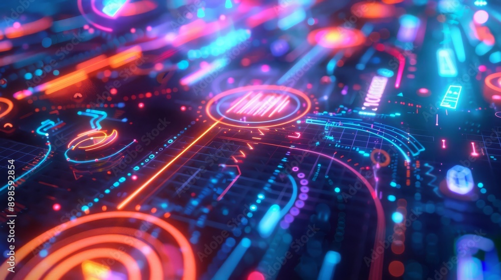 Poster abstract futuristic digital interface with glowing neon lights and a central circular element.