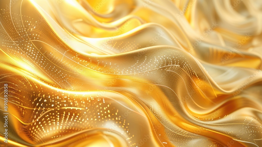 Poster shimmering abstract 3d golden background with flowing wave patterns and dynamic light reflections