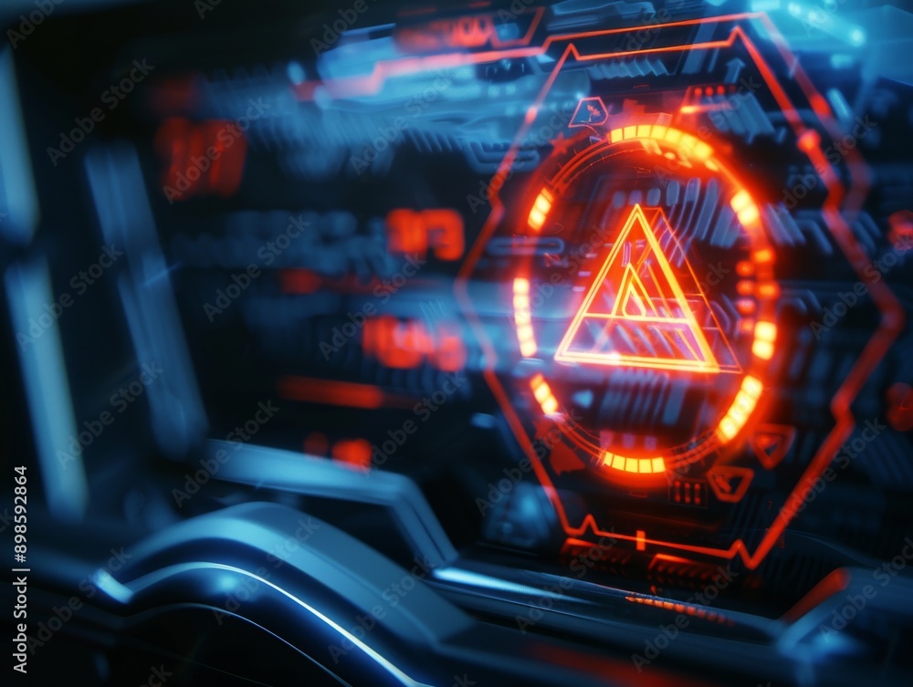 Poster abstract futuristic interface with glowing orange triangle and digital data. cyberpunk style. sci-fi