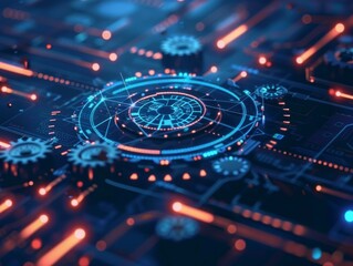Abstract futuristic technology background with glowing blue and orange lights, gears and circuits.