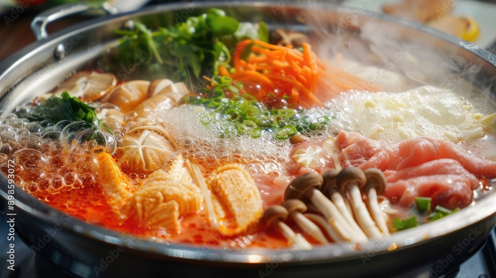 Poster Sizzling Shabushi hot pot with bubbling broth and an assortment of fresh ingredients