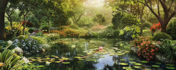 A peaceful garden backdrop with blooming flowers, lush greenery, and a serene pond, ideal for a tranquil and relaxing atmosphere.