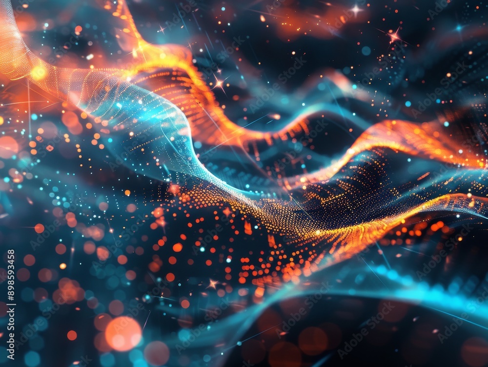 Aufkleber abstract glowing waves with particles and bokeh lights.