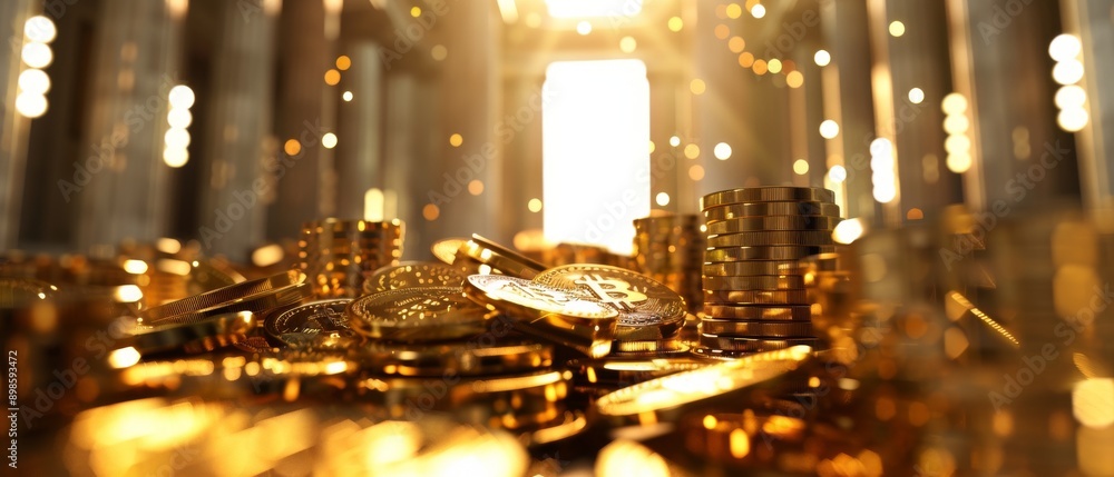 Poster abstract gold bokeh background with bright light and blurred shapes.