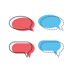 Speech bubble vector set. Red and blue chat icons. Communication symbols. Dotted and solid outlines.