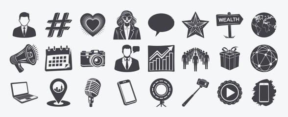 Set black white icons social media marketing communication, laptop smartphone microphone video