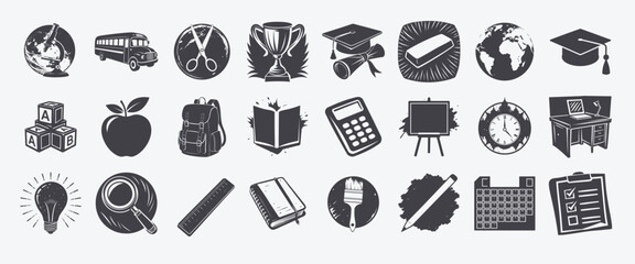 Back to school set black white icons related to education, desk blackboard chair chalkboard