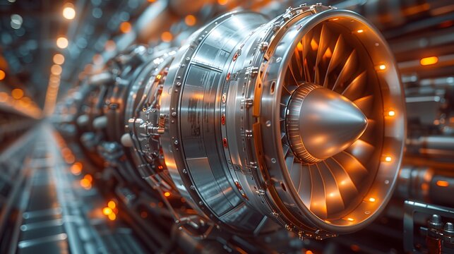Brand new powerful turbofan jet engine is being assembled in a high tech industrial facility - Powered by Adobe