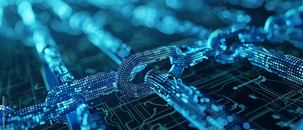 Poster abstract image of blue chains on a circuit board, representing digital security and data protection.