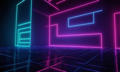 3D rendering of a neon-lit room with a grid-like floor and walls.