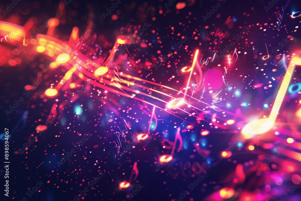 Poster abstract music notes glowing with neon light and particles.