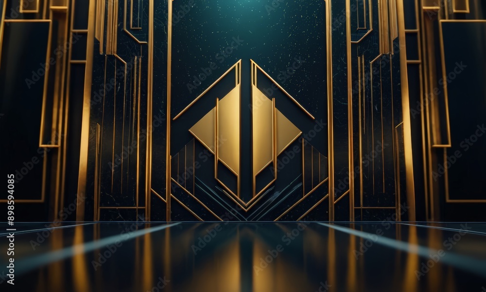 Aufkleber 3d rendering of a room with a dark background and a geometric pattern of gold lines and shapes.