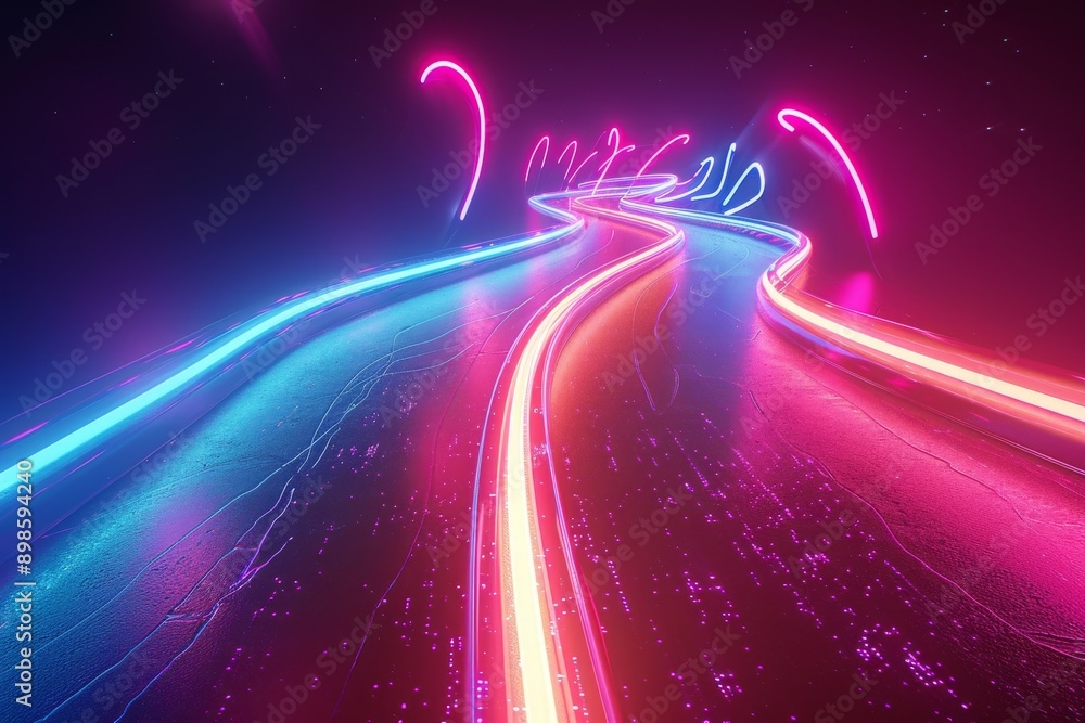 Poster abstract neon lights create a winding path in a dark background. the glowing lines are blue and pink