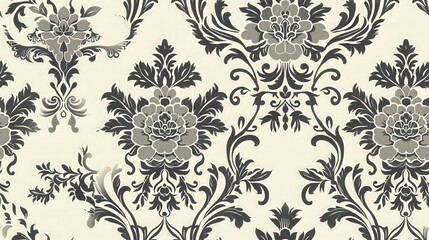 A detailed Victorian floral pattern features ornate designs in shades of gray against a cream background, showcasing timeless elegance and sophistication