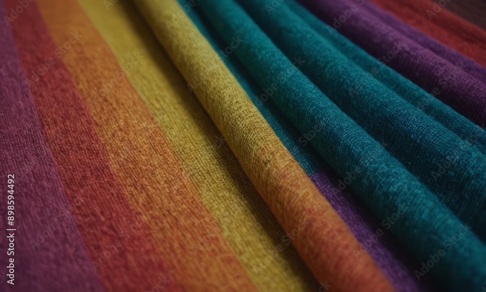 Poster close-up of a colorful fabric with a vibrant rainbow pattern.