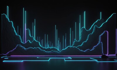 digital illustration of a futuristic cityscape with a futuristic skyline, featuring a mix of blue and purple neon lights.