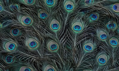 close-up view of a peacock feather, with its intricate patterns and vibrant blue and green colors.