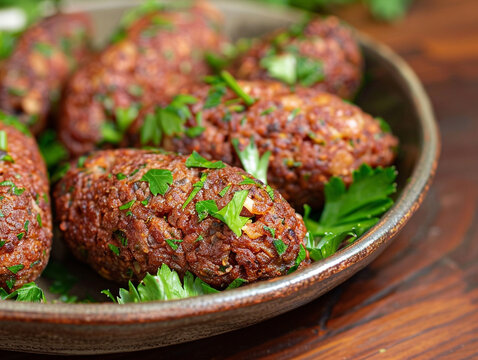 Delicious Lebanese (Arabic) food, kibbeh (kibe) served on a plate. Blurred background.