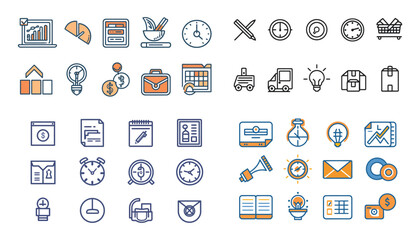 Procurement management icon collection set.Containing supplier,sourcing, purchasing,contract,purchase order icon,business,goods,customer,corporation,supplies and transportation.Simple line vector