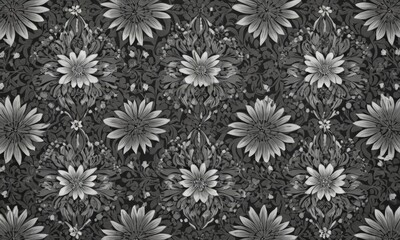 black and white photograph of a repeating pattern of flowers.