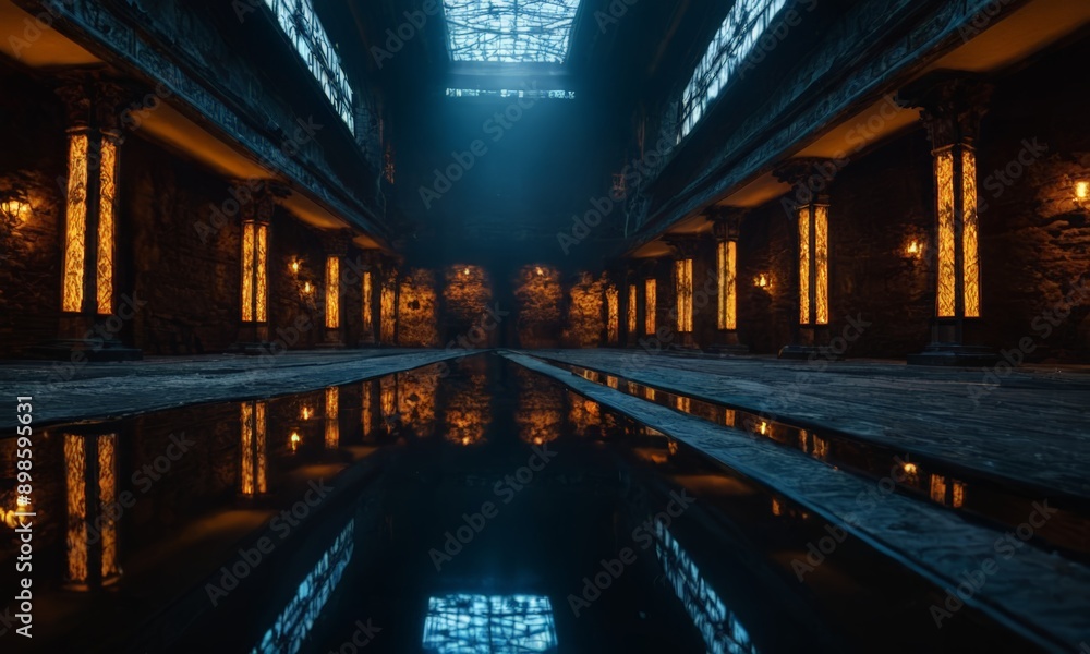 Aufkleber 3d rendering of a long, dimly lit hallway with a reflective pool at its end.