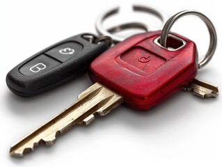 Bright Red Car Key and Black Key Fob on Transparent Background