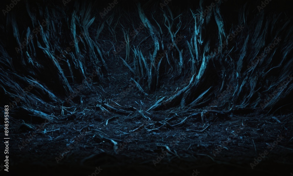 Poster dark, moody scene with a focus on the intricate patterns and textures of the roots and branches.