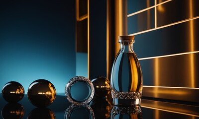 collection of objects, including a bottle, spheres, and a ring, arranged on a reflective surface, with a blue and orange background.