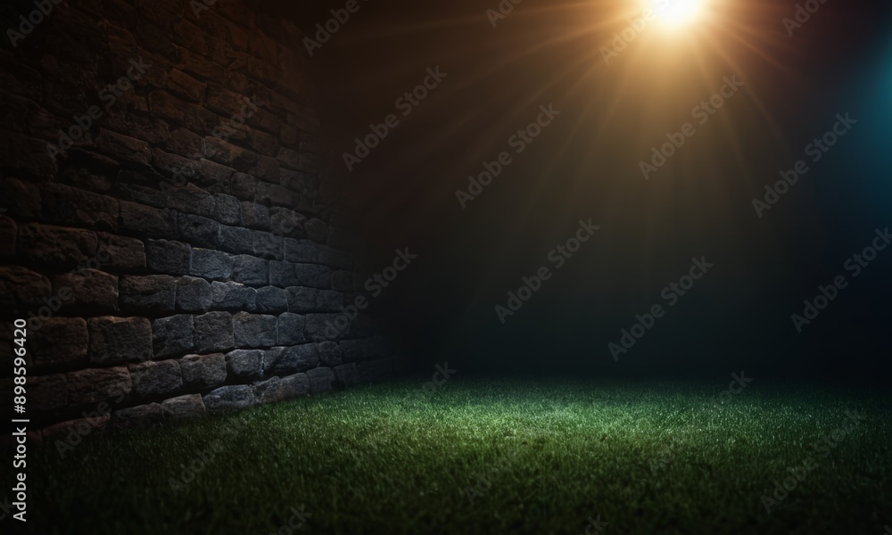 Poster dimly lit room with a brick wall on the left side and a bright light shining on the right side, crea