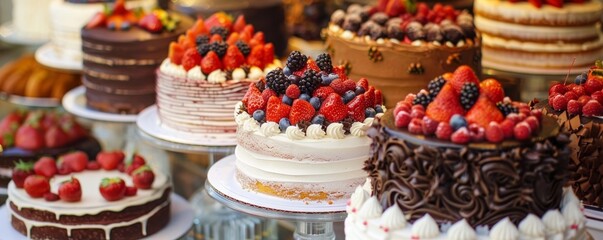 Assortment of delicious cakes decorated with fresh fruit.