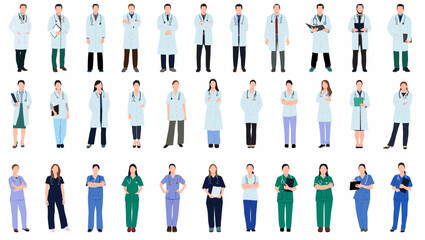 Doctors and nurses. Male and female doctor with stethoscope. Medical student volunteer and intern character. Medical staff and professional physician in uniform. 