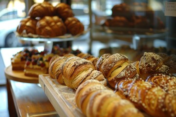 Assortment of freshly baked pastries displayed on shelves in a bakery. Delicious croissants, bread, and other treats.
