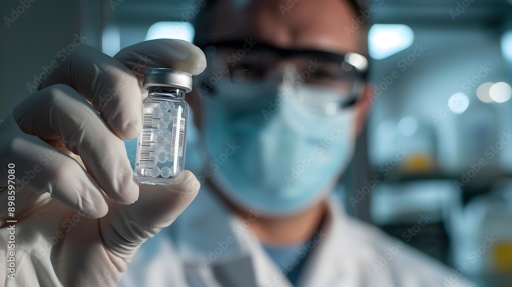 Poster researcher examining stem cell sample in laboratory experiment