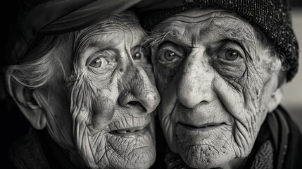 Elderly couple in monochrome, colorful stories in their eyes, timeless love