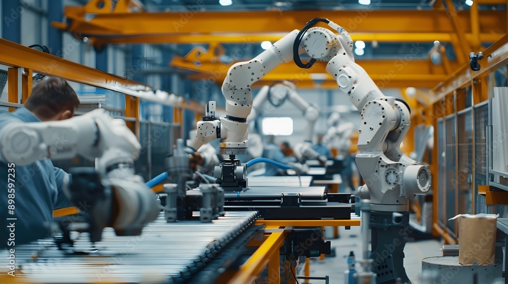 Poster robotics and automation engineers working on advanced machinery in factory