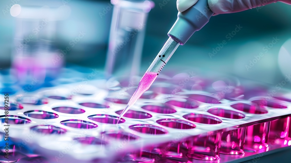 Poster scientist carefully handling stem cells using pipette in medical lab